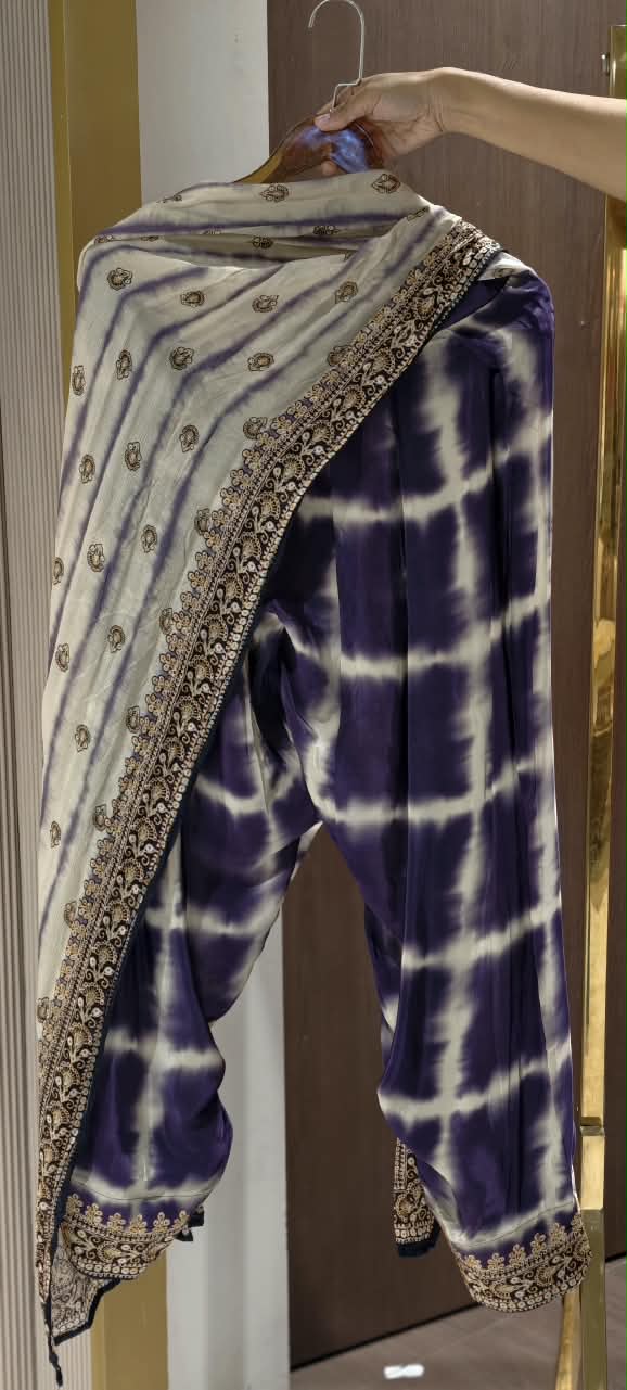 Jaipuri Inspired Pearl Real Mirror Embroidery Tassel Accent Crepe Kurta With Farsi Bottom & Dupatta- 15312