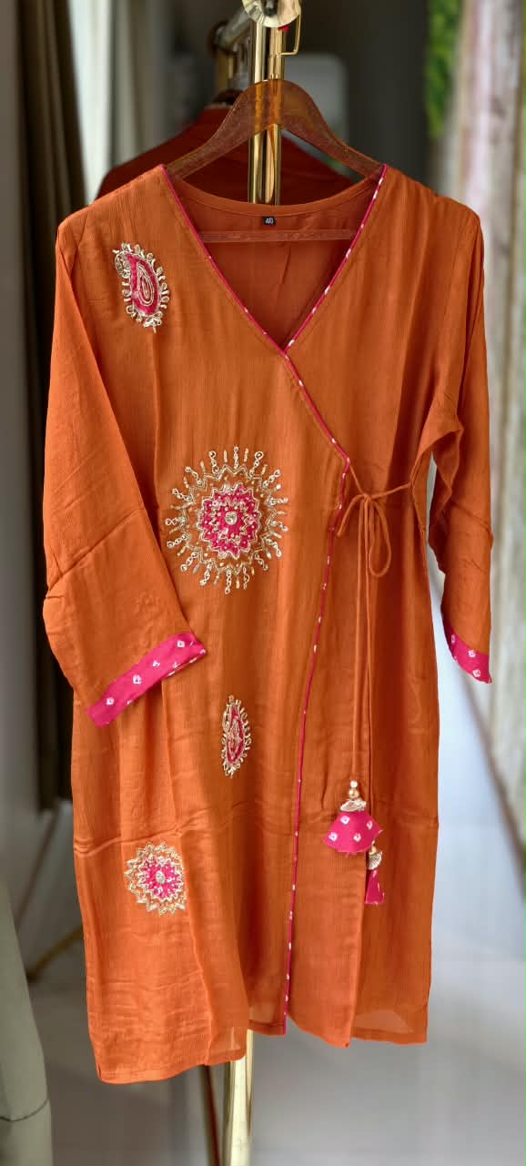 Sun Mango Buti Crafted Embroidery Angrakha Ghoomar Side Knotted A-Line Banarasi Mul-Chanderi Full Suit Set With Dupatta- 16071