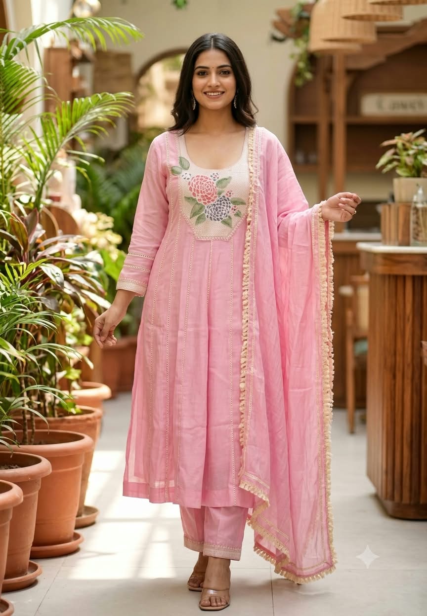 Very Subtle Cross Stitch Inspired Embroidered Yoke Lace Panels Surat Mul-Chanderi A-Line Full Suit Set With Dupatta- 16288