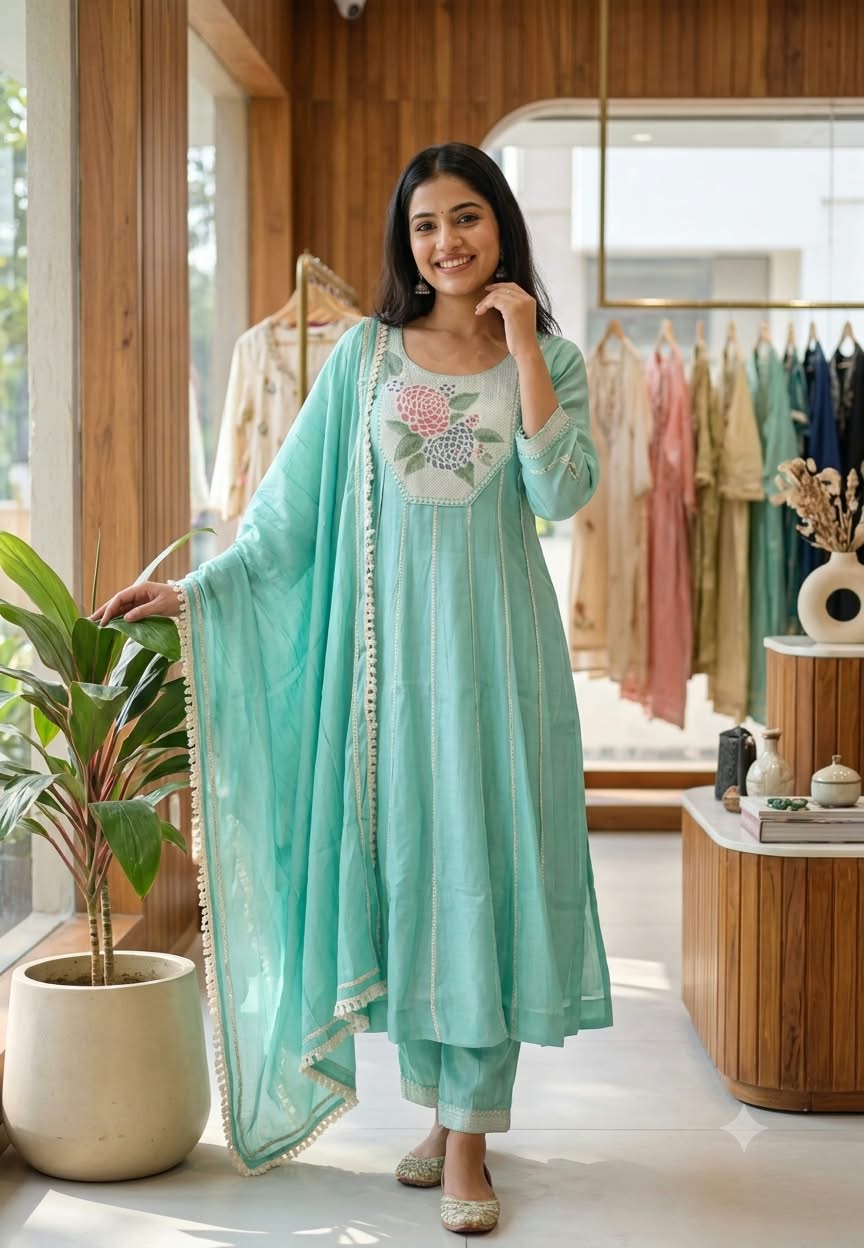 Very Subtle Cross Stitch Inspired Embroidered Yoke Lace Panels Surat Mul-Chanderi A-Line Full Suit Set With Dupatta- 16288