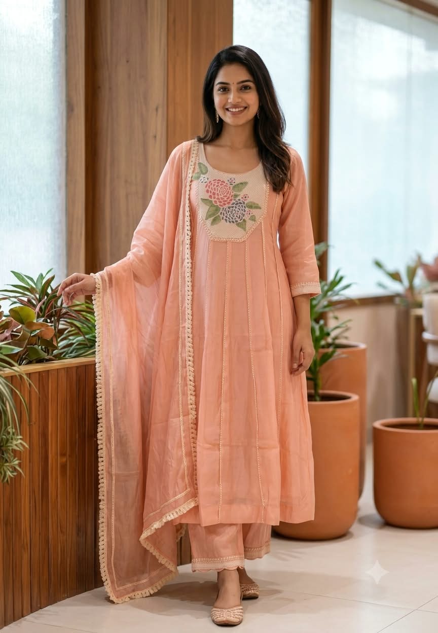 Very Subtle Cross Stitch Inspired Embroidered Yoke Lace Panels Surat Mul-Chanderi A-Line Full Suit Set With Dupatta- 16288