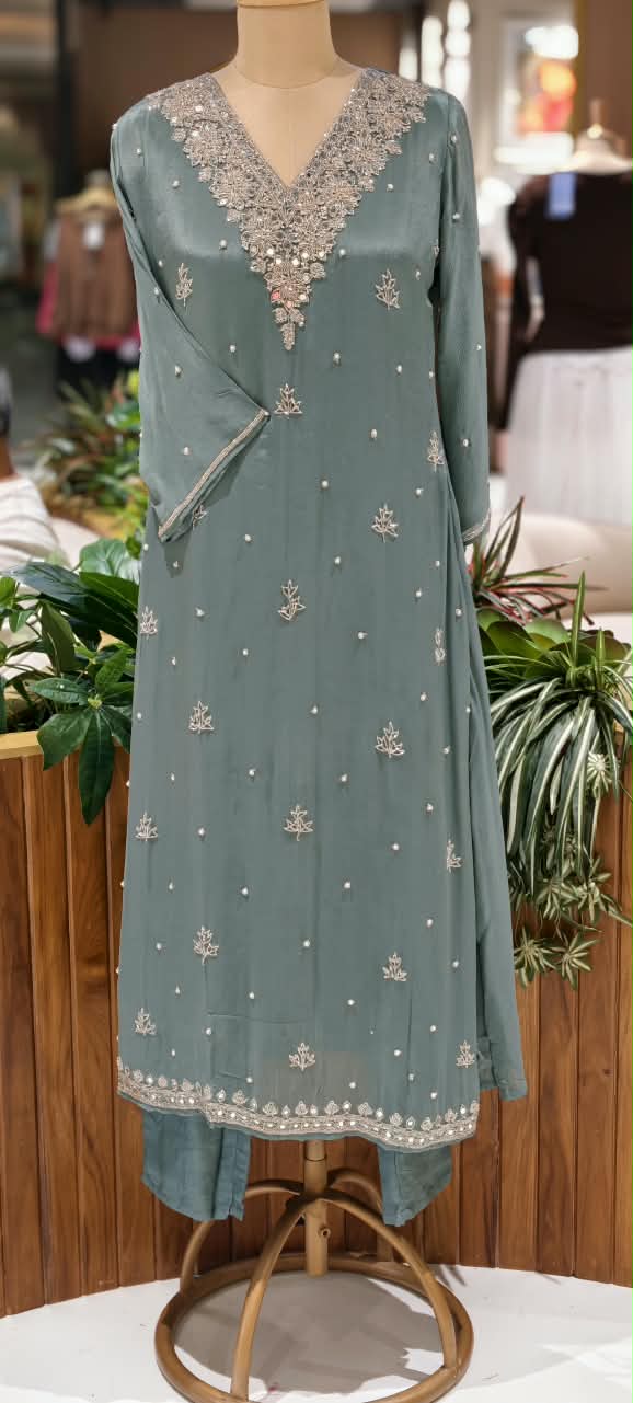 Elegant Real Mirror Zardosi Scattered Embroidery Chinon A-Line Full Suit Set With Dupatta- 16330