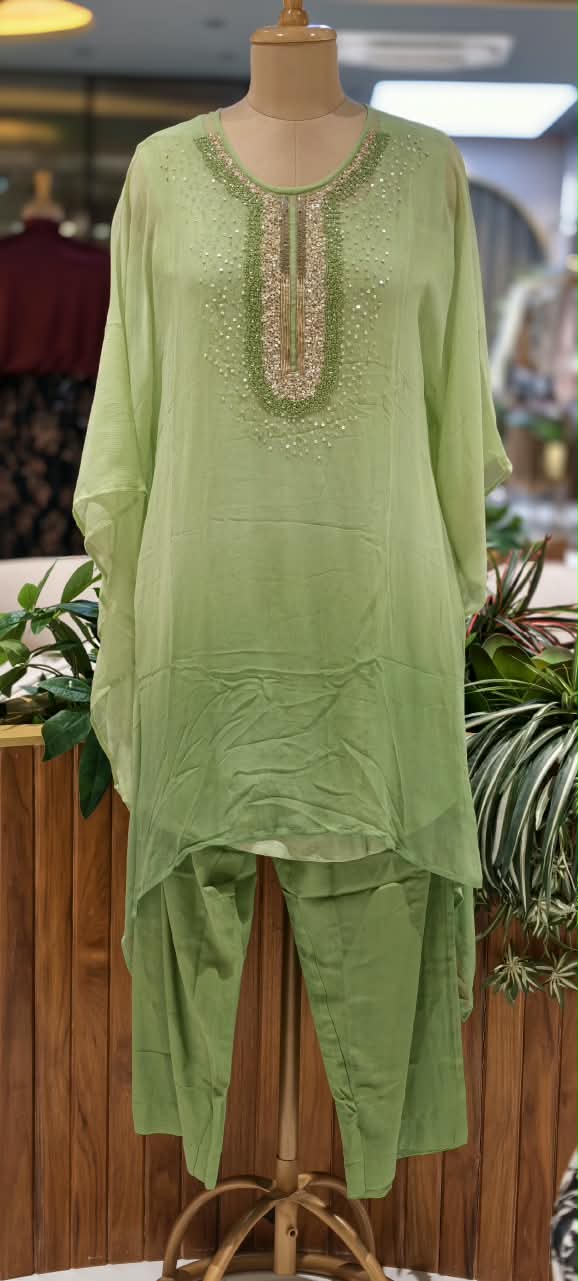 Elegant Cut-Dana Sequin Celestial Embroidery Yoke Soft Chiffon Kaftan With Inner & Bottom In Ombre Shade- 16334