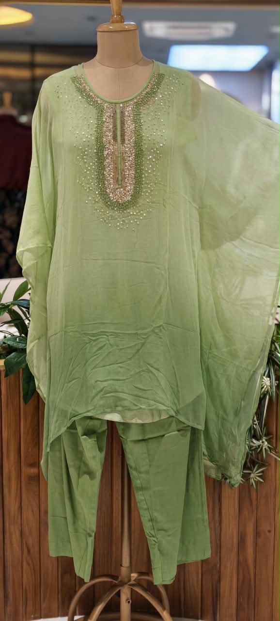 Elegant Cut-Dana Sequin Celestial Embroidery Yoke Soft Chiffon Kaftan With Inner & Bottom In Ombre Shade- 16334