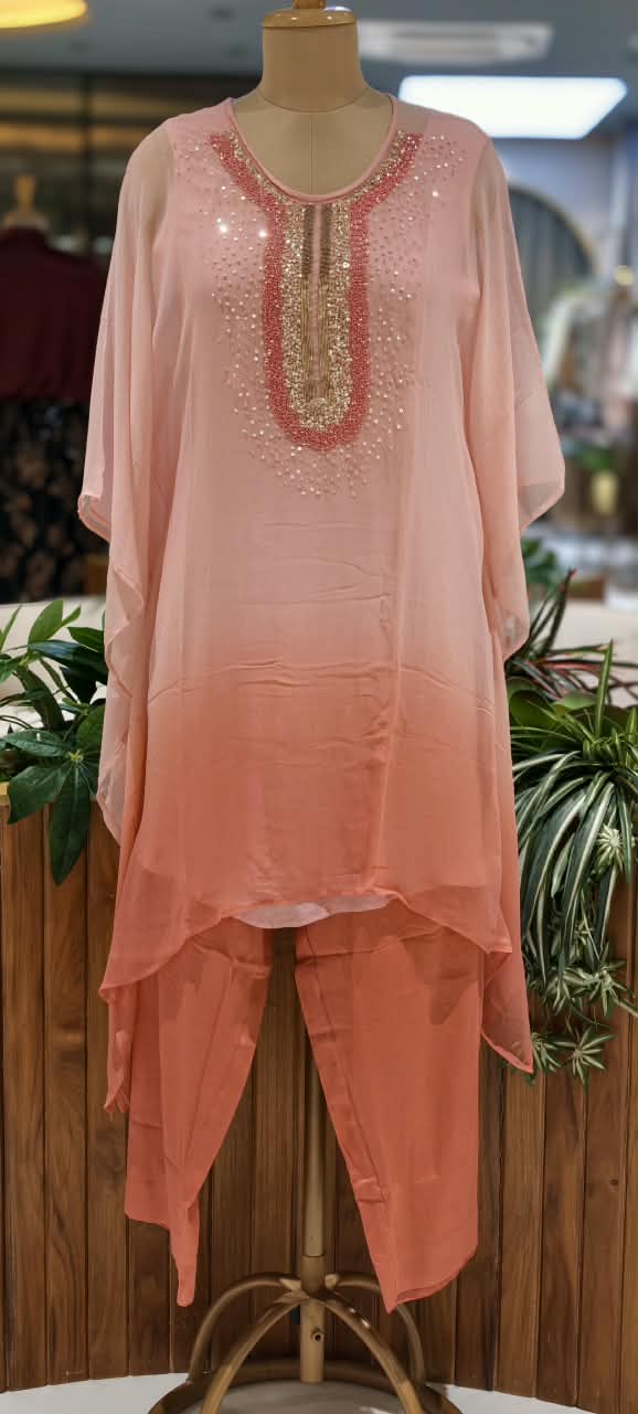 Elegant Cut-Dana Sequin Celestial Embroidery Yoke Soft Chiffon Kaftan With Inner & Bottom In Ombre Shade- 16334
