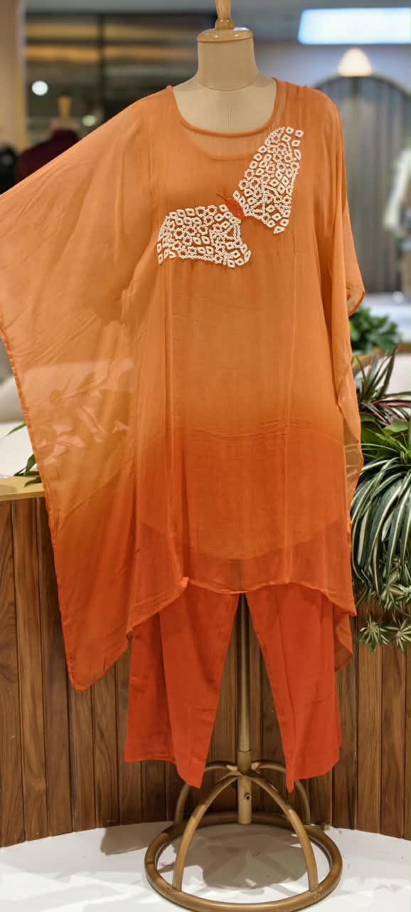 Cut-Dana Butterfly Elegant Embroidery Front Work Beautiful Shades Chinon Kaftan With Matching Inner & Bottom- 16333