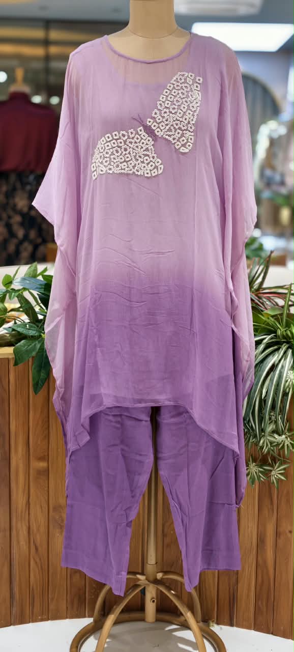 Cut-Dana Butterfly Elegant Embroidery Front Work Beautiful Shades Chinon Kaftan With Matching Inner & Bottom- 16333