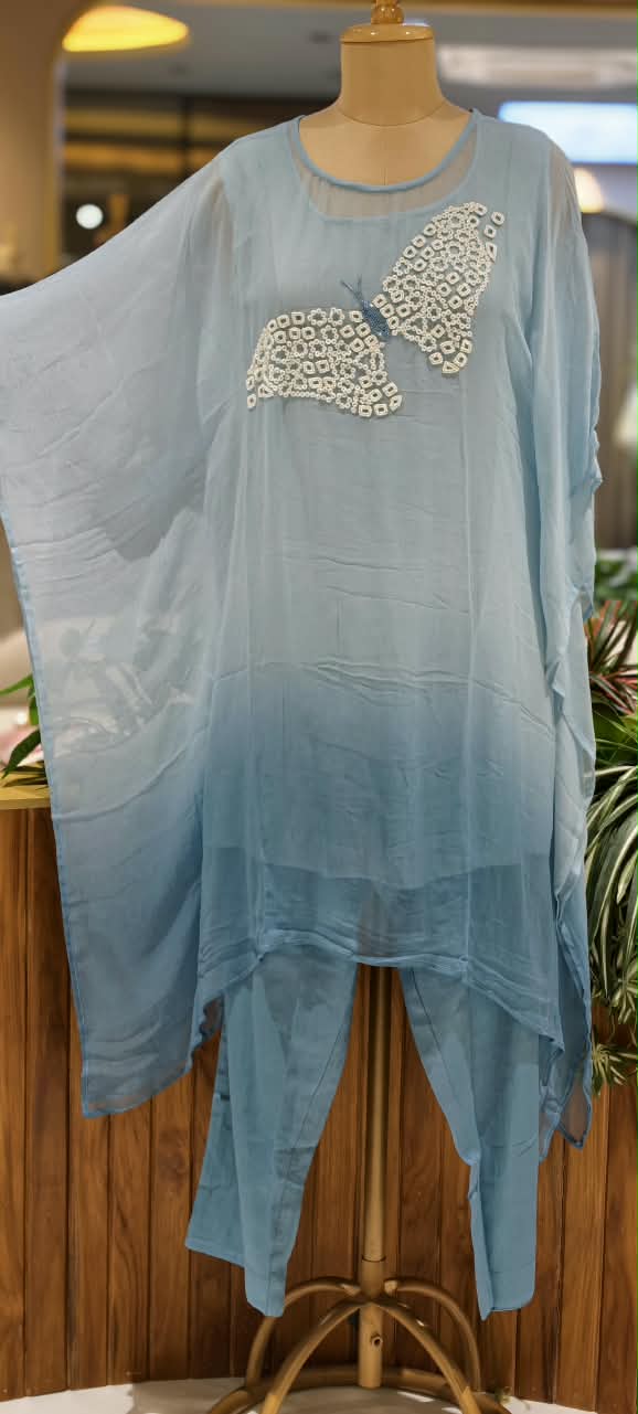 Cut-Dana Butterfly Elegant Embroidery Front Work Beautiful Shades Chinon Kaftan With Matching Inner & Bottom- 16333