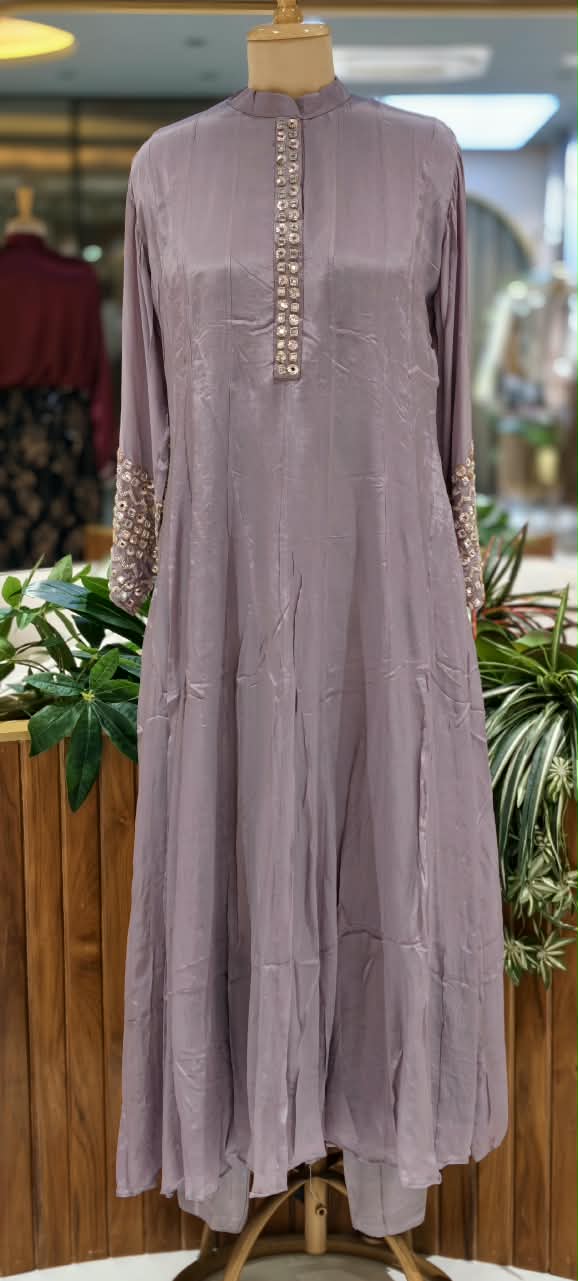 Pastel Tone Elegant Stone Work Over Neckline & Sleeves Full Neck Chinon Panel Anarkali Full Suit Set With Dupatta- 16305