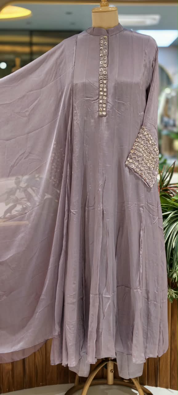 Pastel Tone Elegant Stone Work Over Neckline & Sleeves Full Neck Chinon Panel Anarkali Full Suit Set With Dupatta- 16305