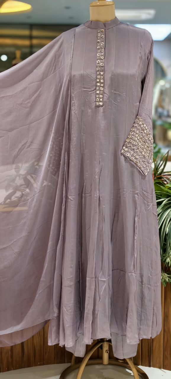 Pastel Tone Elegant Stone Work Over Neckline & Sleeves Full Neck Chinon Panel Anarkali Full Suit Set With Dupatta- 16305