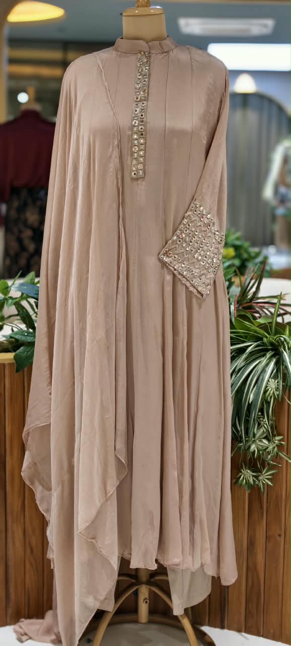 Pastel Tone Elegant Stone Work Over Neckline & Sleeves Full Neck Chinon Panel Anarkali Full Suit Set With Dupatta- 16305