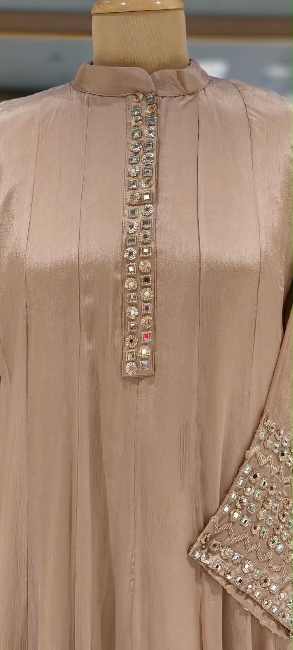 Pastel Tone Elegant Stone Work Over Neckline & Sleeves Full Neck Chinon Panel Anarkali Full Suit Set With Dupatta- 16305