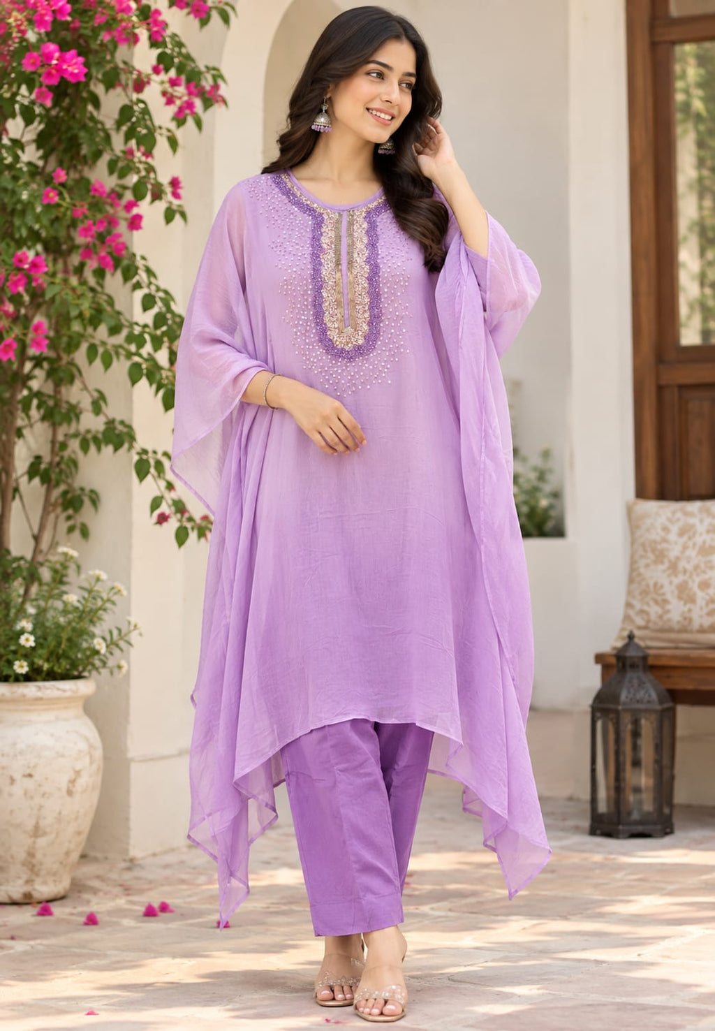 Elegant Cut-Dana Sequin Celestial Embroidery Yoke Soft Chiffon Kaftan With Inner & Bottom In Ombre Shade- 16334