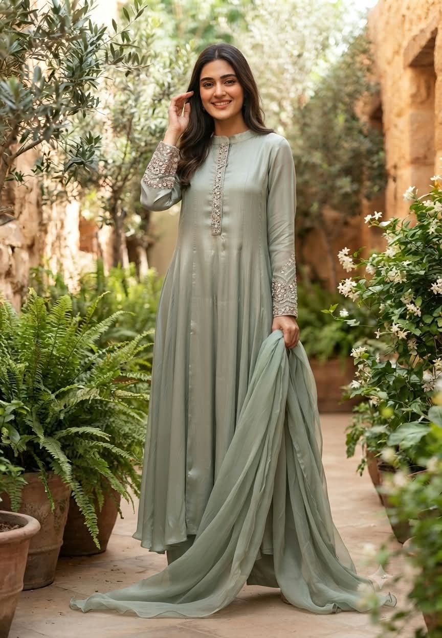 Pastel Tone Elegant Stone Work Over Neckline & Sleeves Full Neck Chinon Panel Anarkali Full Suit Set With Dupatta- 16305
