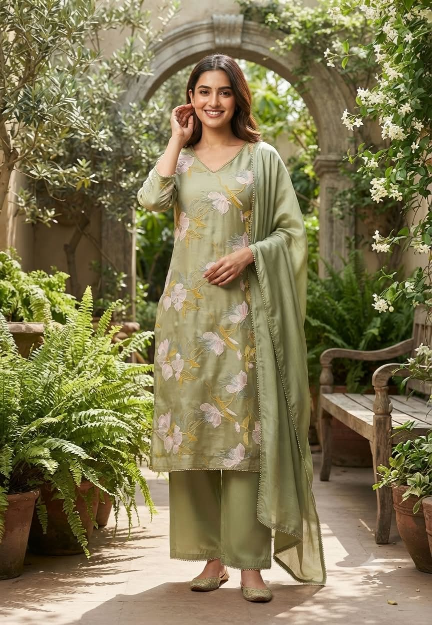Elegant Applique Look Floral Embroidered 3-Piece Crush Surat Mul-Chanderi Full Suit Set With Dupatta- 15431