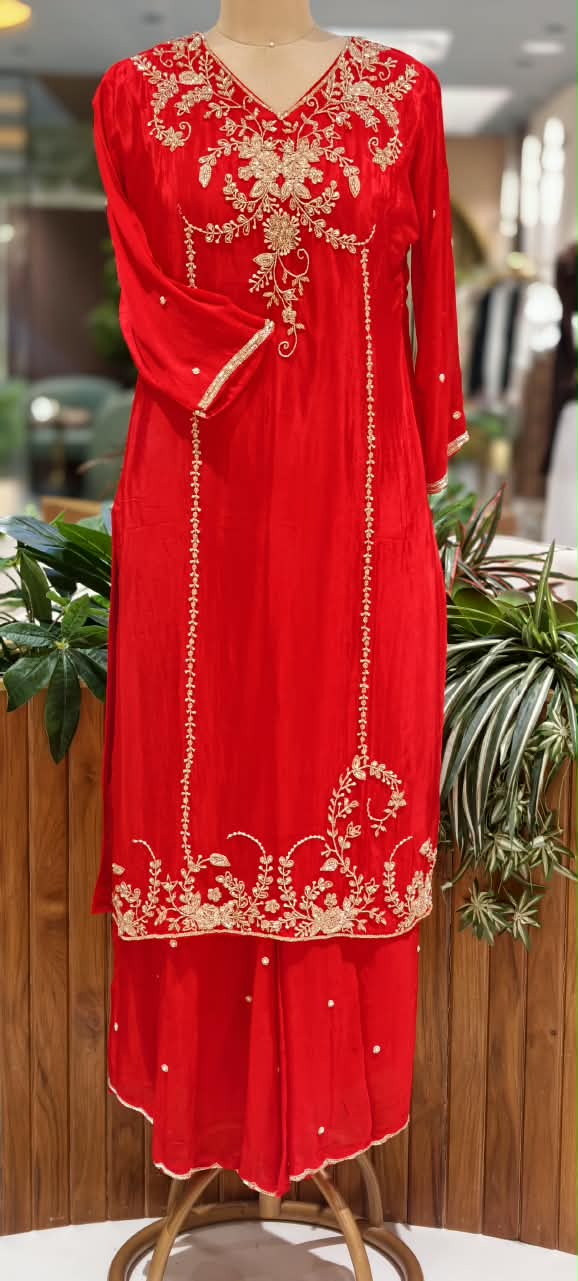 Premium Vibrant Floral Gold Zari Work Chinon Straight Full Suit Set with Palazzo and Matching Dupatta Set- 16312