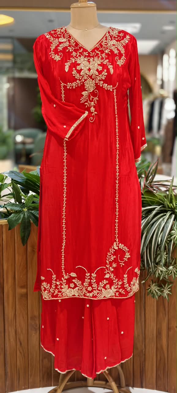 Premium Vibrant Floral Gold Zari Work Chinon Straight Full Suit Set with Palazzo and Matching Dupatta Set- 16312