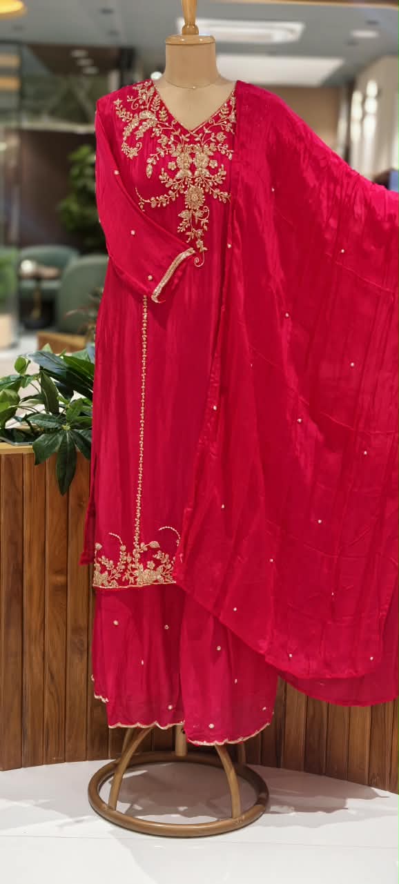 Premium Vibrant Floral Gold Zari Work Chinon Straight Full Suit Set with Palazzo and Matching Dupatta Set- 16312