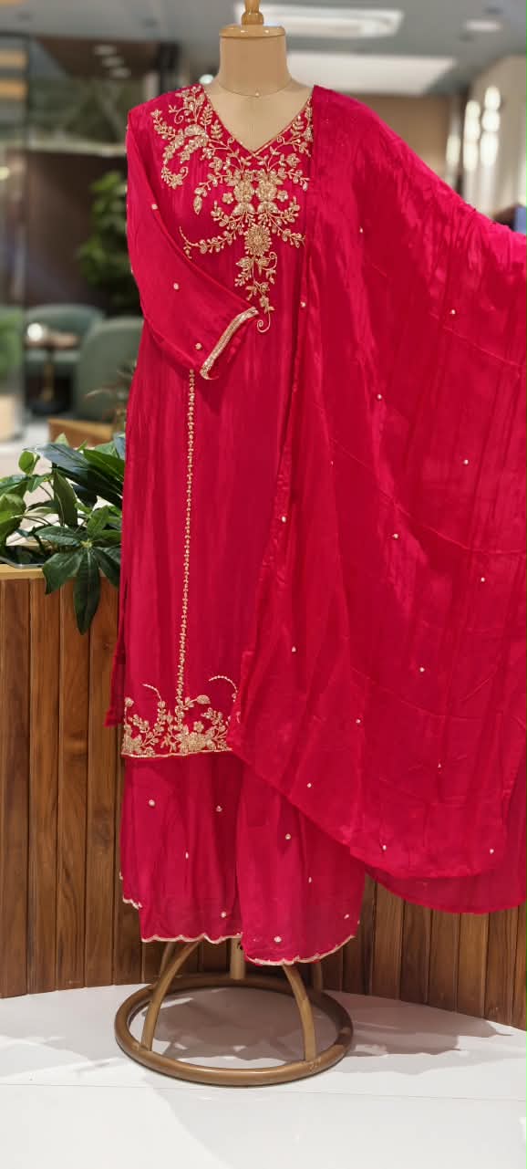 Premium Vibrant Floral Gold Zari Work Chinon Straight Full Suit Set with Palazzo and Matching Dupatta Set- 16312