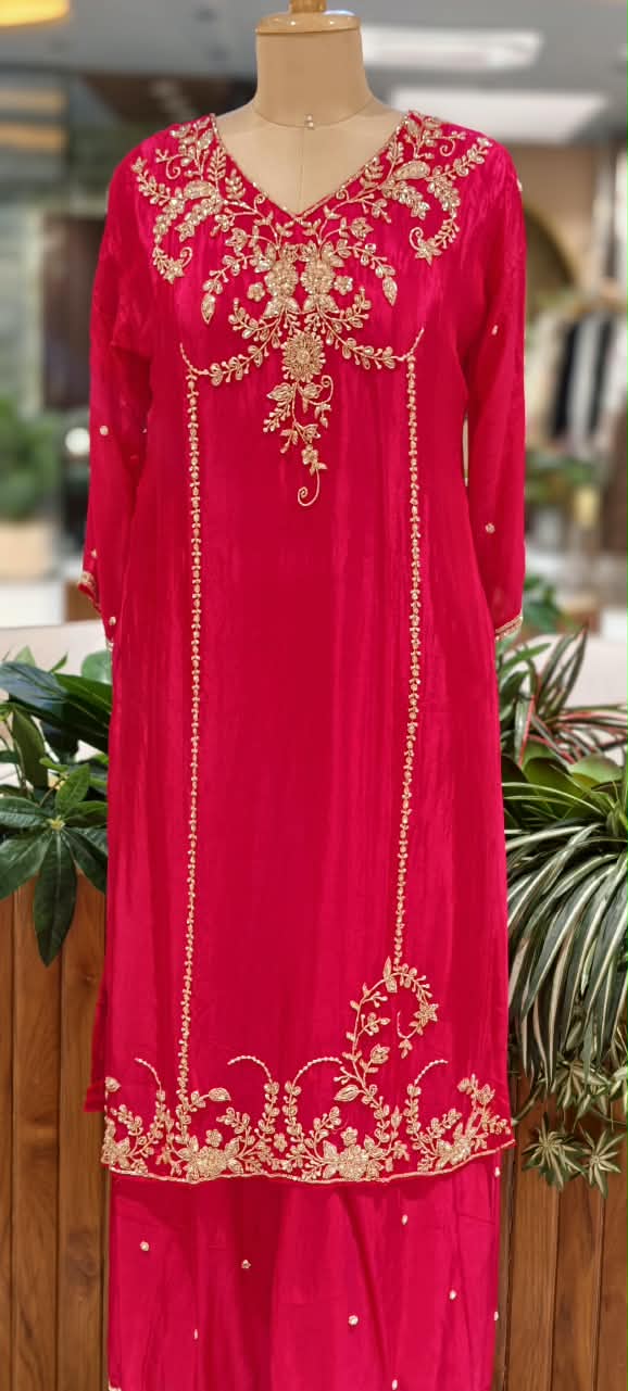 Premium Vibrant Floral Gold Zari Work Chinon Straight Full Suit Set with Palazzo and Matching Dupatta Set- 16312
