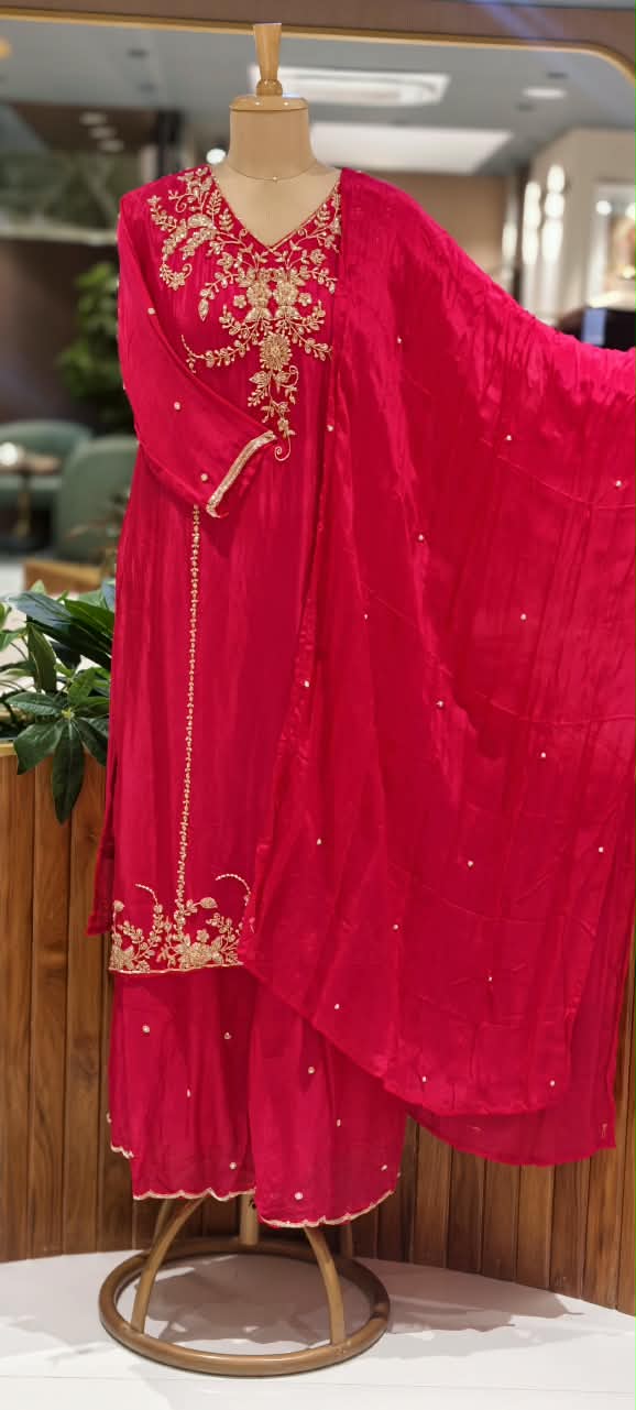 Premium Vibrant Floral Gold Zari Work Chinon Straight Full Suit Set with Palazzo and Matching Dupatta Set- 16312