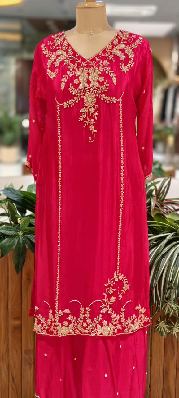 Premium Vibrant Floral Gold Zari Work Chinon Straight Full Suit Set with Palazzo and Matching Dupatta Set- 16312