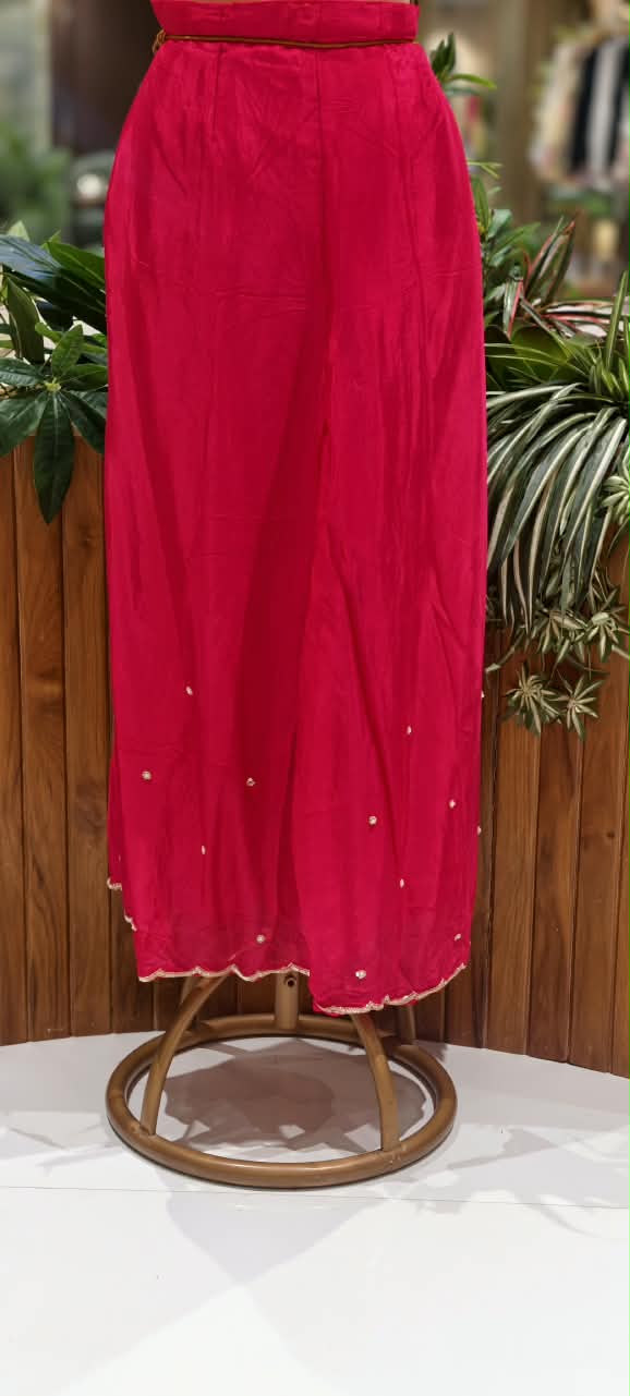 Premium Vibrant Floral Gold Zari Work Chinon Straight Full Suit Set with Palazzo and Matching Dupatta Set- 16312