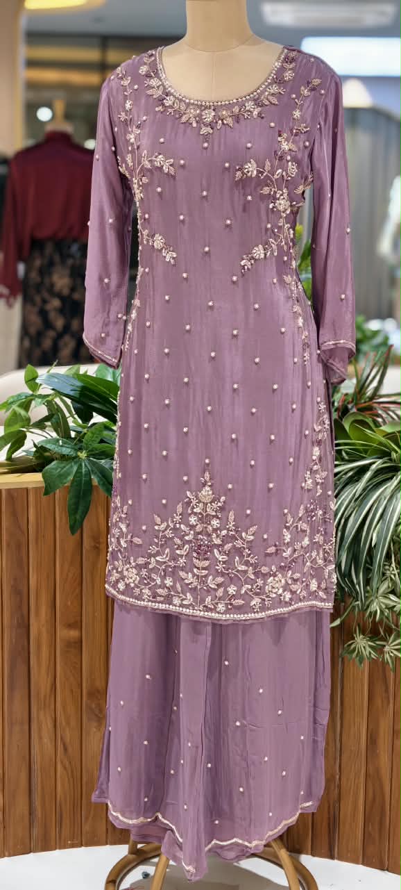 Elegant Blush Pearl & Zari Hand-Embroidered Chinon Straight Kurta Full Suit Set with Palazzo and Dupatta- 16329