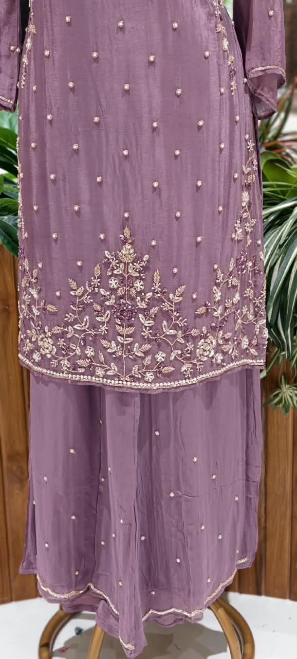 Elegant Blush Pearl & Zari Hand-Embroidered Chinon Straight Kurta Full Suit Set with Palazzo and Dupatta- 16329