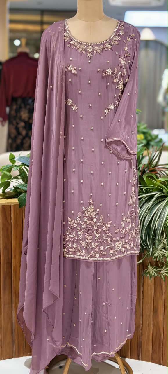 Elegant Blush Pearl & Zari Hand-Embroidered Chinon Straight Kurta Full Suit Set with Palazzo and Dupatta- 16329