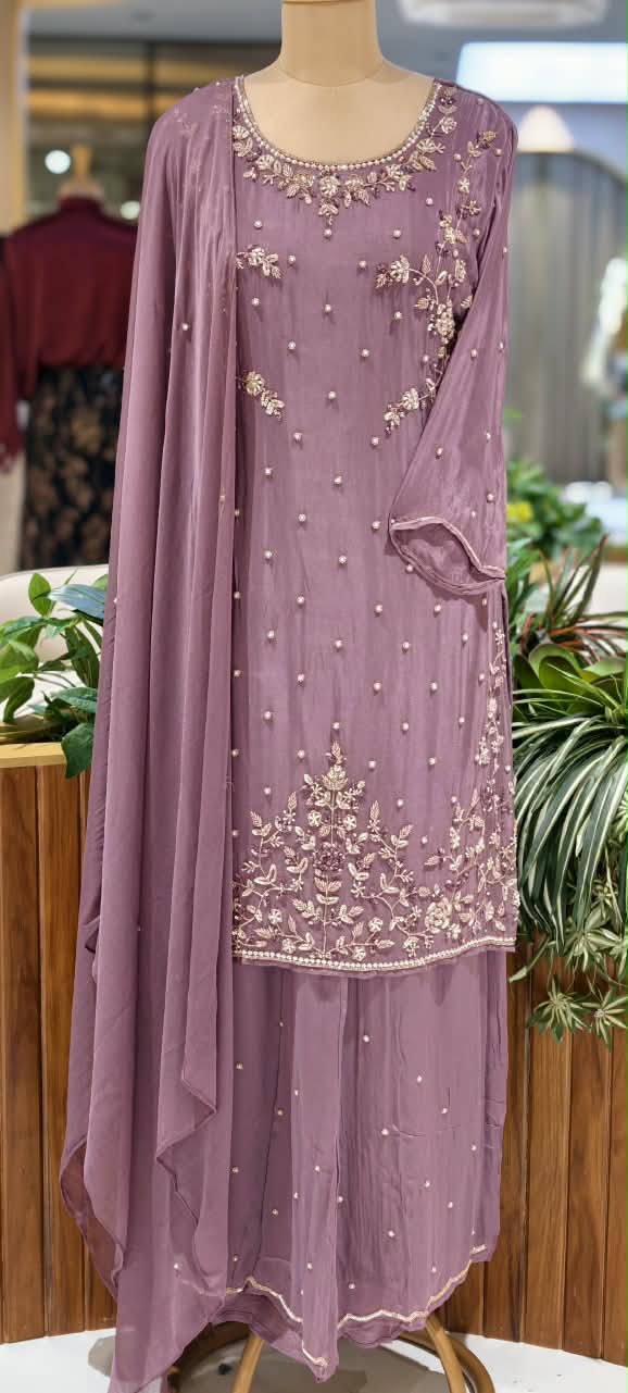 Elegant Blush Pearl & Zari Hand-Embroidered Chinon Straight Kurta Full Suit Set with Palazzo and Dupatta- 16329
