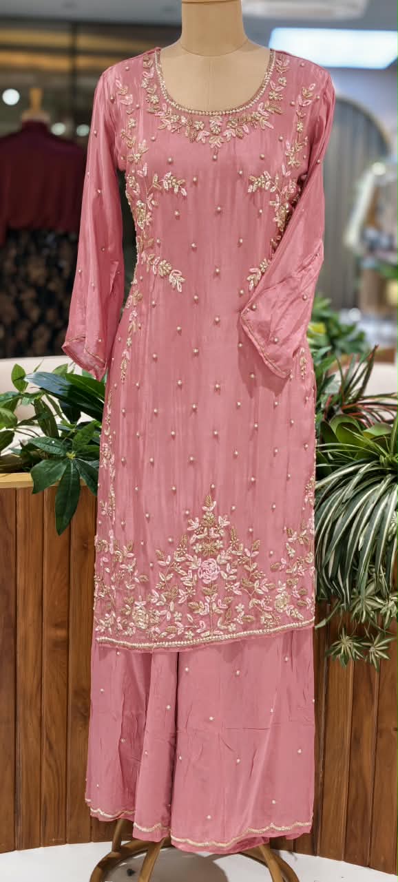Elegant Blush Pearl & Zari Hand-Embroidered Chinon Straight Kurta Full Suit Set with Palazzo and Dupatta- 16329