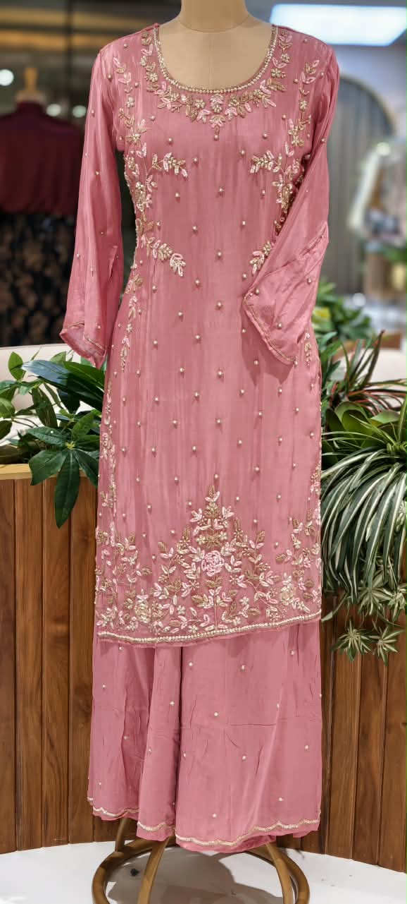 Elegant Blush Pearl & Zari Hand-Embroidered Chinon Straight Kurta Full Suit Set with Palazzo and Dupatta- 16329