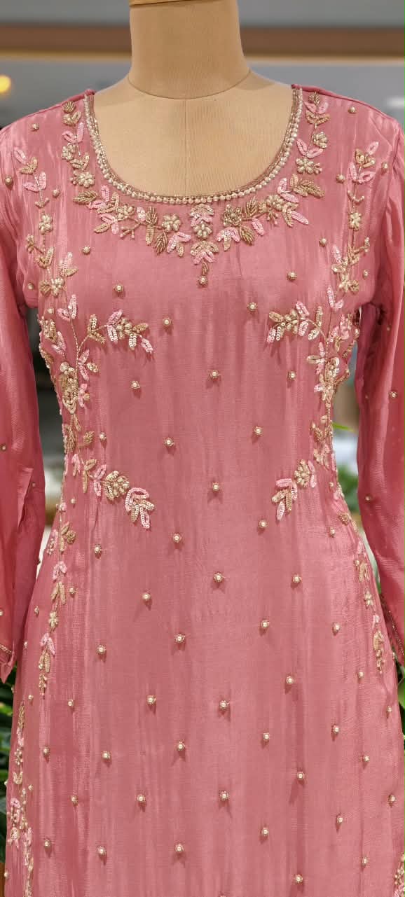 Elegant Blush Pearl & Zari Hand-Embroidered Chinon Straight Kurta Full Suit Set with Palazzo and Dupatta- 16329