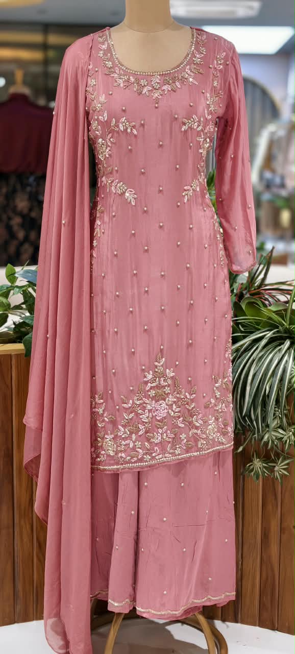 Elegant Blush Pearl & Zari Hand-Embroidered Chinon Straight Kurta Full Suit Set with Palazzo and Dupatta- 16329