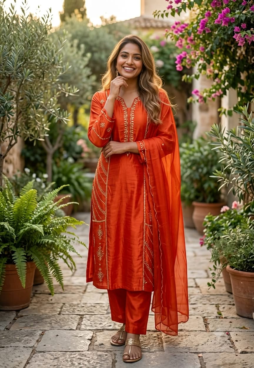 High-End Classic Placement Embroidery Work Russian Silk Straight Full Suit Set With Dupatta- 16300