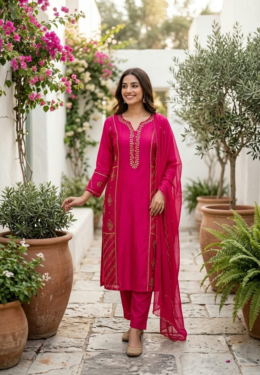 High-End Classic Placement Embroidery Work Russian Silk Straight Full Suit Set With Dupatta- 16300