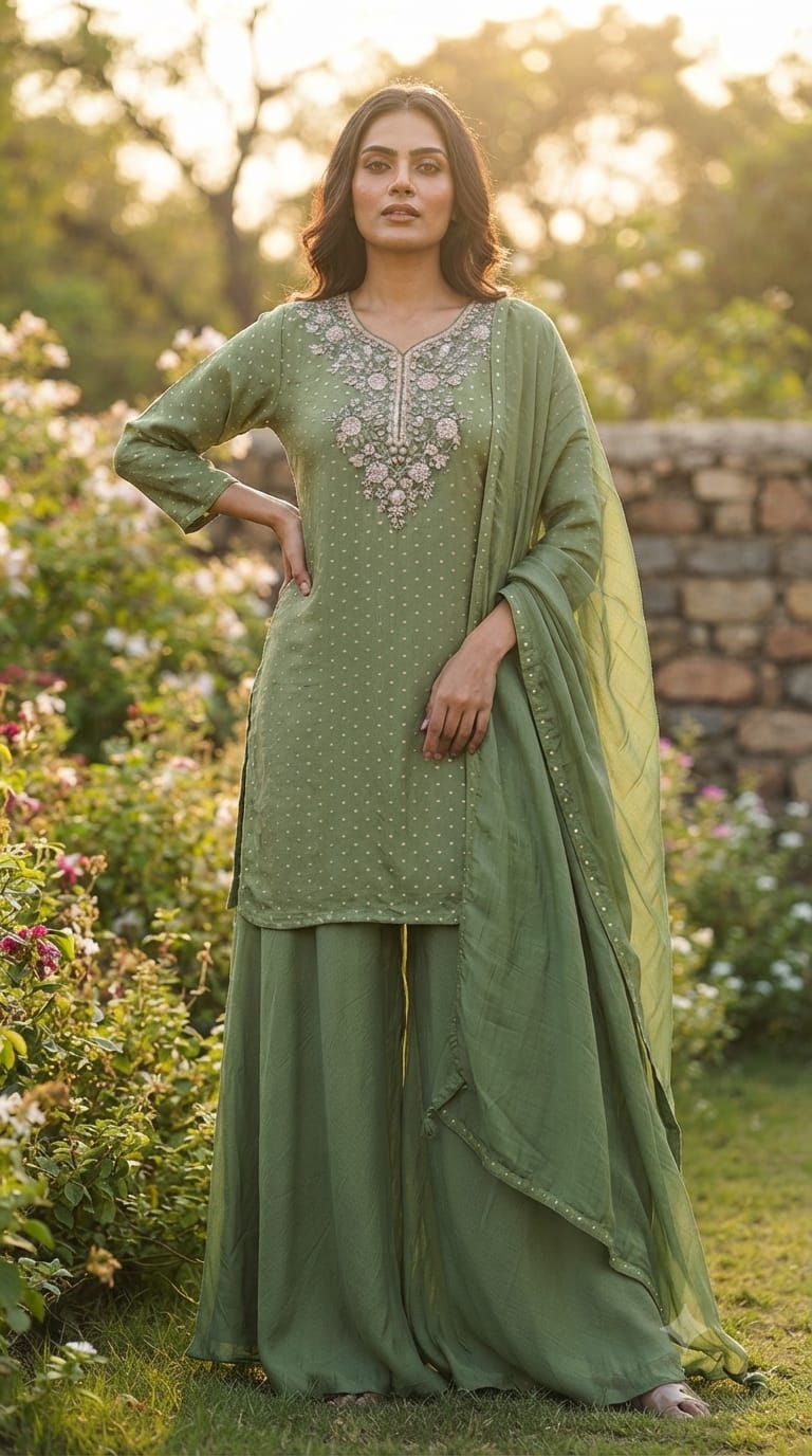 Graceful Green Brocade Touch Chinon Palazzo Full Suit Set With Dupatta With Neck Embroidery- 15603