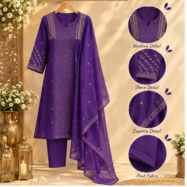 Banarasi Mul Chanderi Golden Striped Zardosi Embroidered A-Line Full Suit Set With Matching Dupatta- 15803(Dispatching after 15 Days)