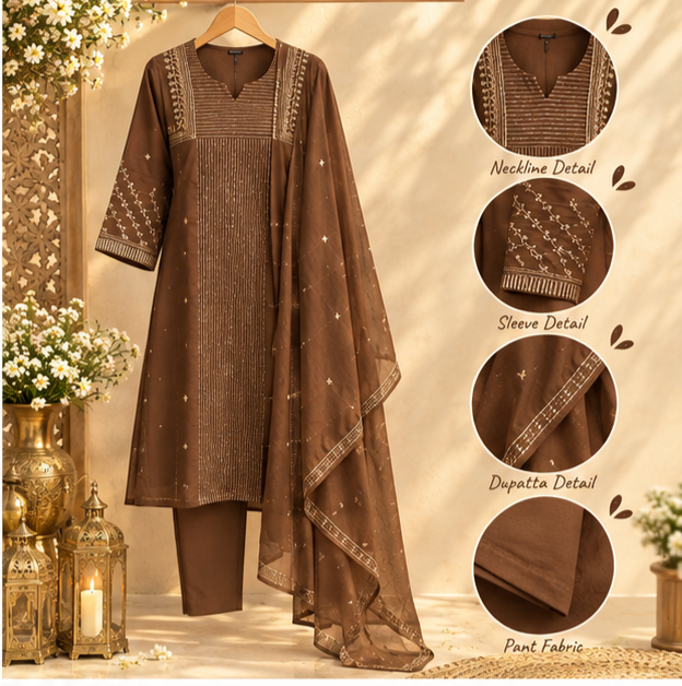 Banarasi Mul Chanderi Golden Striped Zardosi Embroidered A-Line Full Suit Set With Matching Dupatta- 15803(Dispatching after 15 Days)