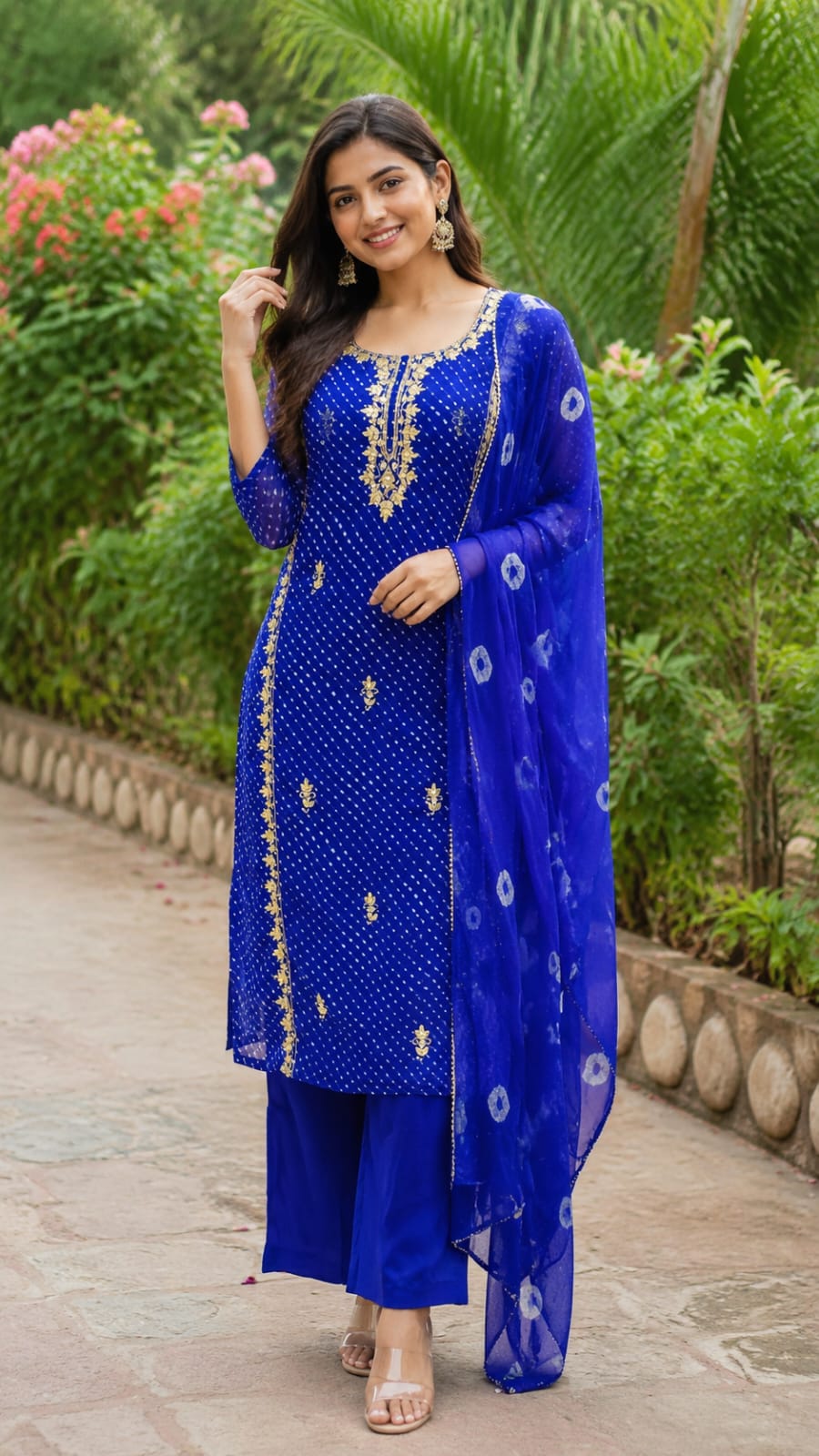 Gotta Leaf Zardosi Embroidered Leheriya Elegance Vibrant Georgette Full Suit Set With Dupatta- 15709