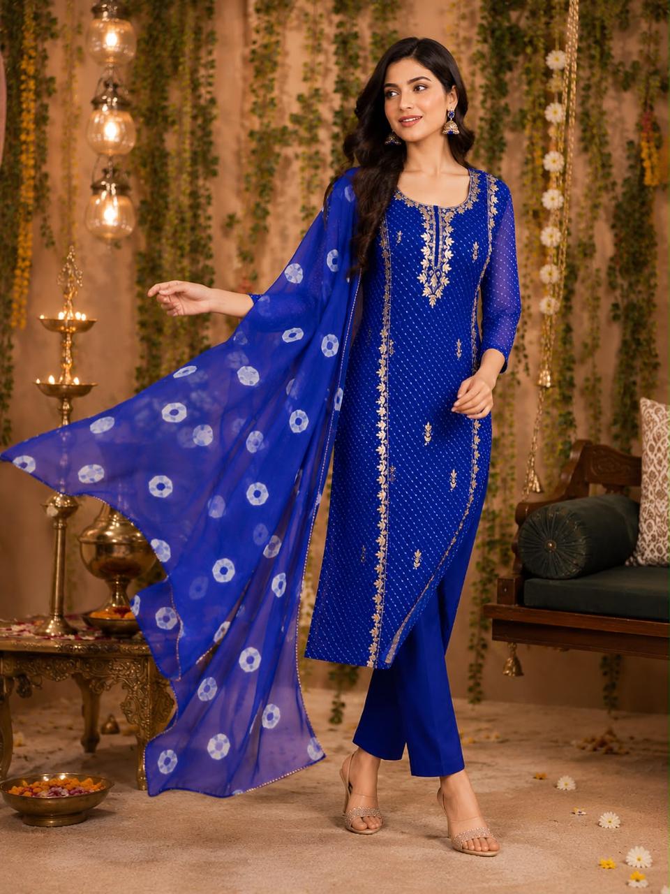 Gotta Leaf Zardosi Embroidered Leheriya Elegance Vibrant Georgette Full Suit Set With Dupatta- 15709
