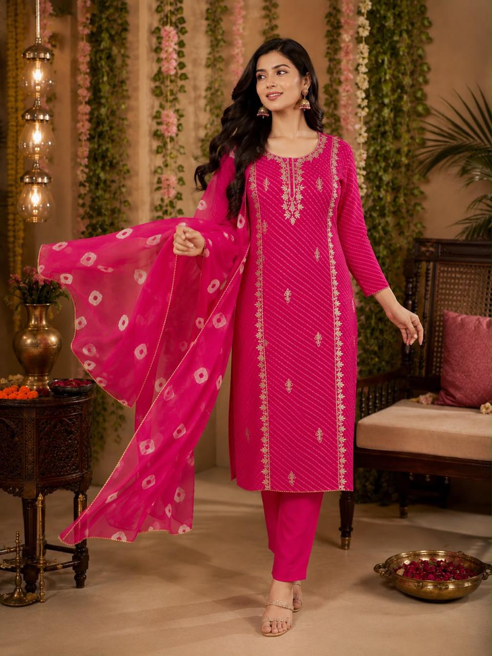 Gotta Leaf Zardosi Embroidered Leheriya Elegance Vibrant Georgette Full Suit Set With Dupatta- 15709