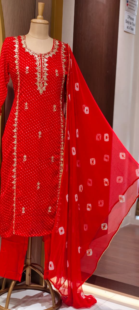 Gotta Leaf Zardosi Embroidered Leheriya Elegance Vibrant Georgette Full Suit Set With Dupatta- 15709