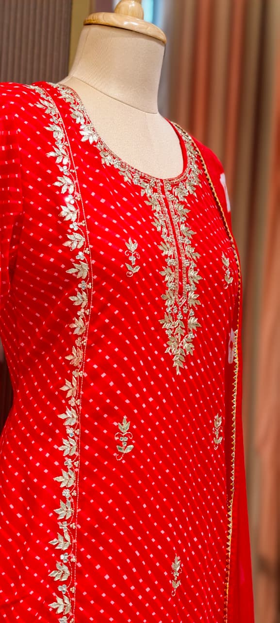 Gotta Leaf Zardosi Embroidered Leheriya Elegance Vibrant Georgette Full Suit Set With Dupatta- 15709