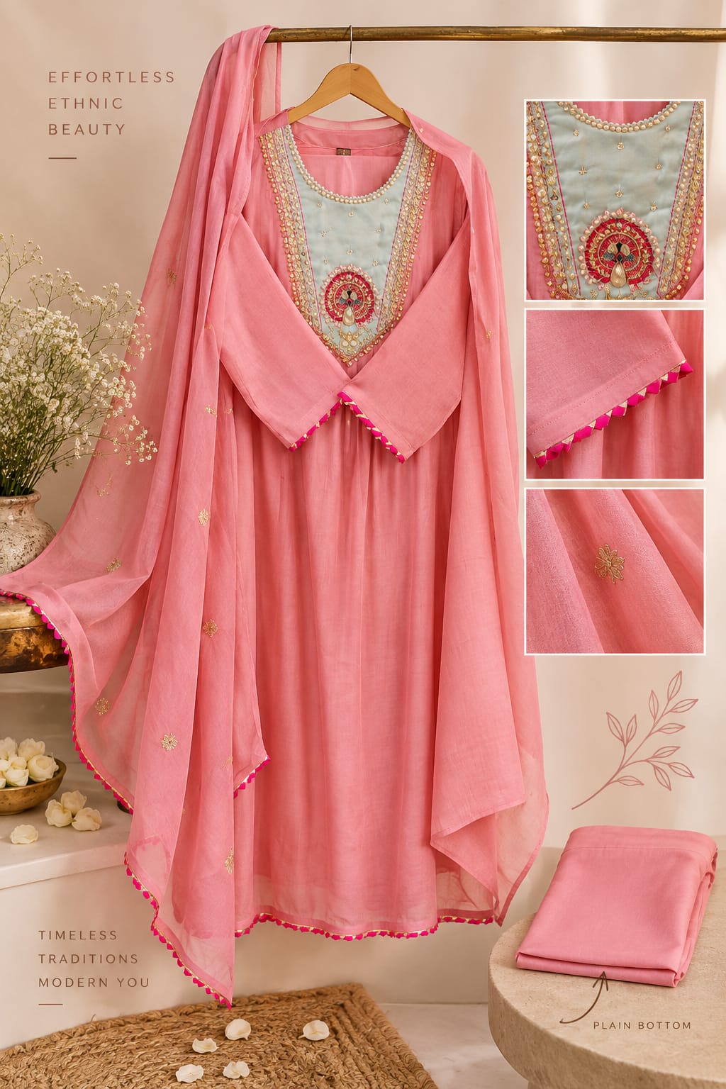 Elegant Zardosi Subtle Yoke Pastel Shade Surat Mul-Chanderi A-Line Full Suit Set With Dupatta- 16342