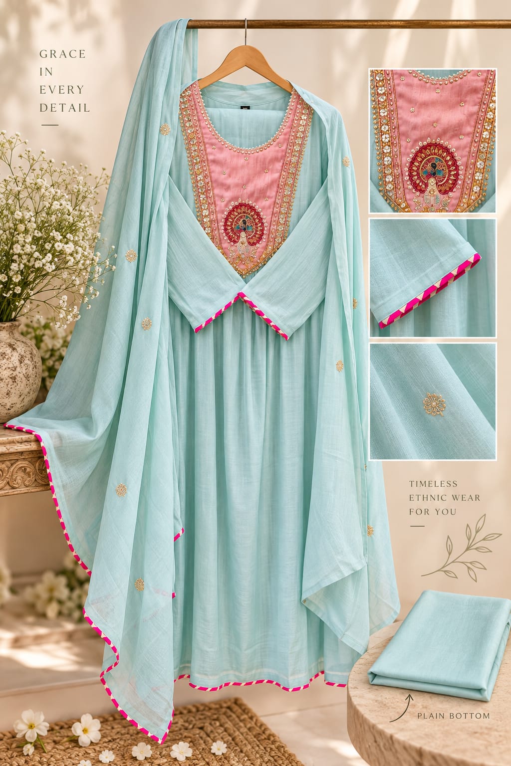 Elegant Zardosi Subtle Yoke Pastel Shade Surat Mul-Chanderi A-Line Full Suit Set With Dupatta- 16342