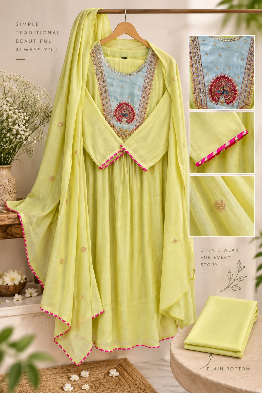 Elegant Zardosi Subtle Yoke Pastel Shade Surat Mul-Chanderi A-Line Full Suit Set With Dupatta- 16342