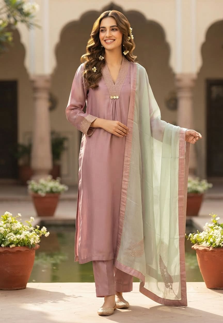 Russian Sik Solid A-Line Full Suit Set With Smart Dual Tone Dupatta & Minimal Coin Tassels Over Neck- 16040